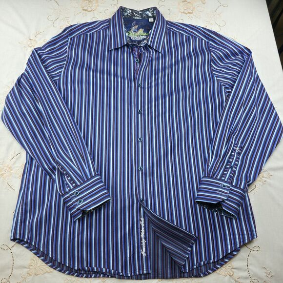 Men's Robert Graham 2XL Striped Purple/Black‎ Front Long Sleeve Flip Cuff $188 - Picture 11 of 13